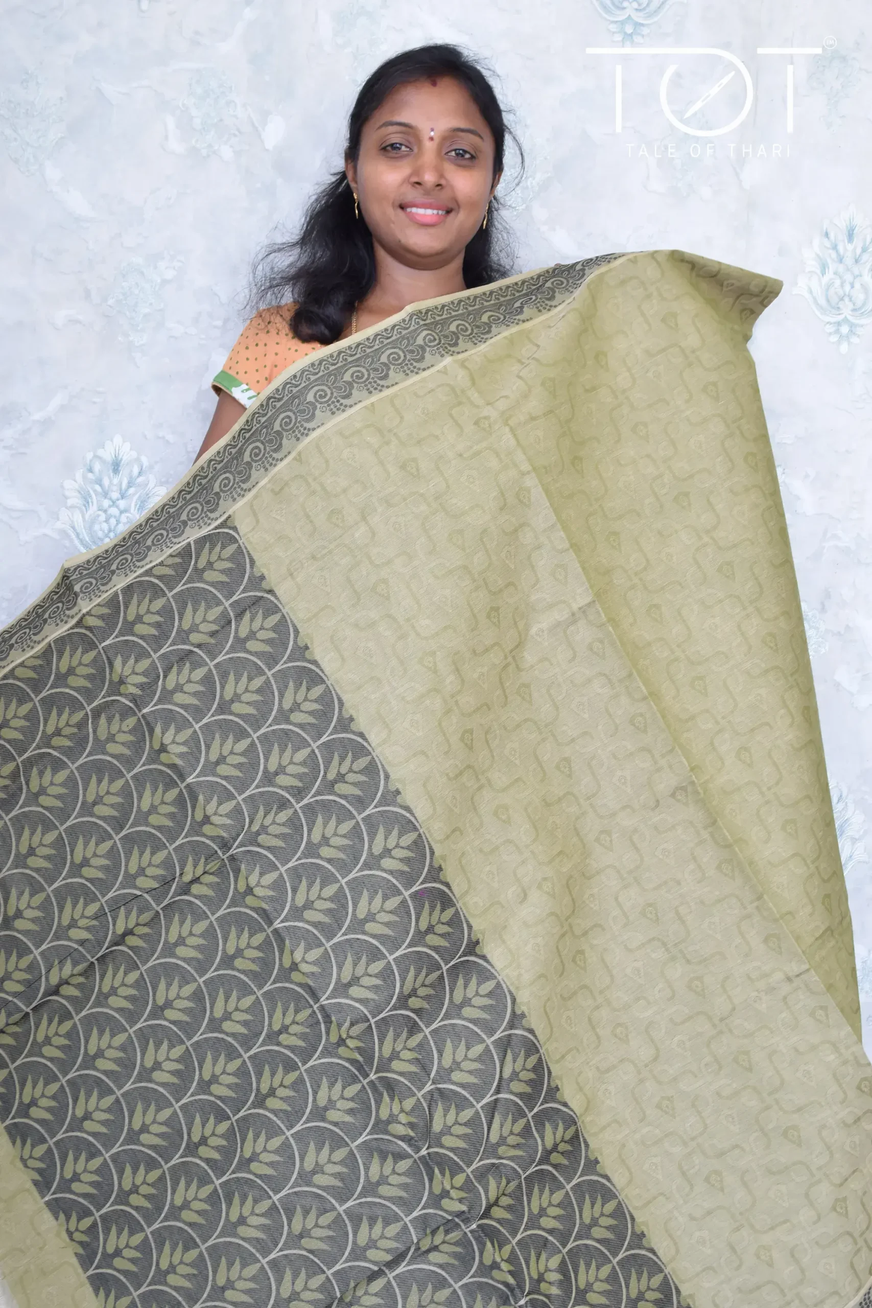 Pure Cotton Plain Embossed Olive Green Saree With Color Thread Woven Border And Running Blouse