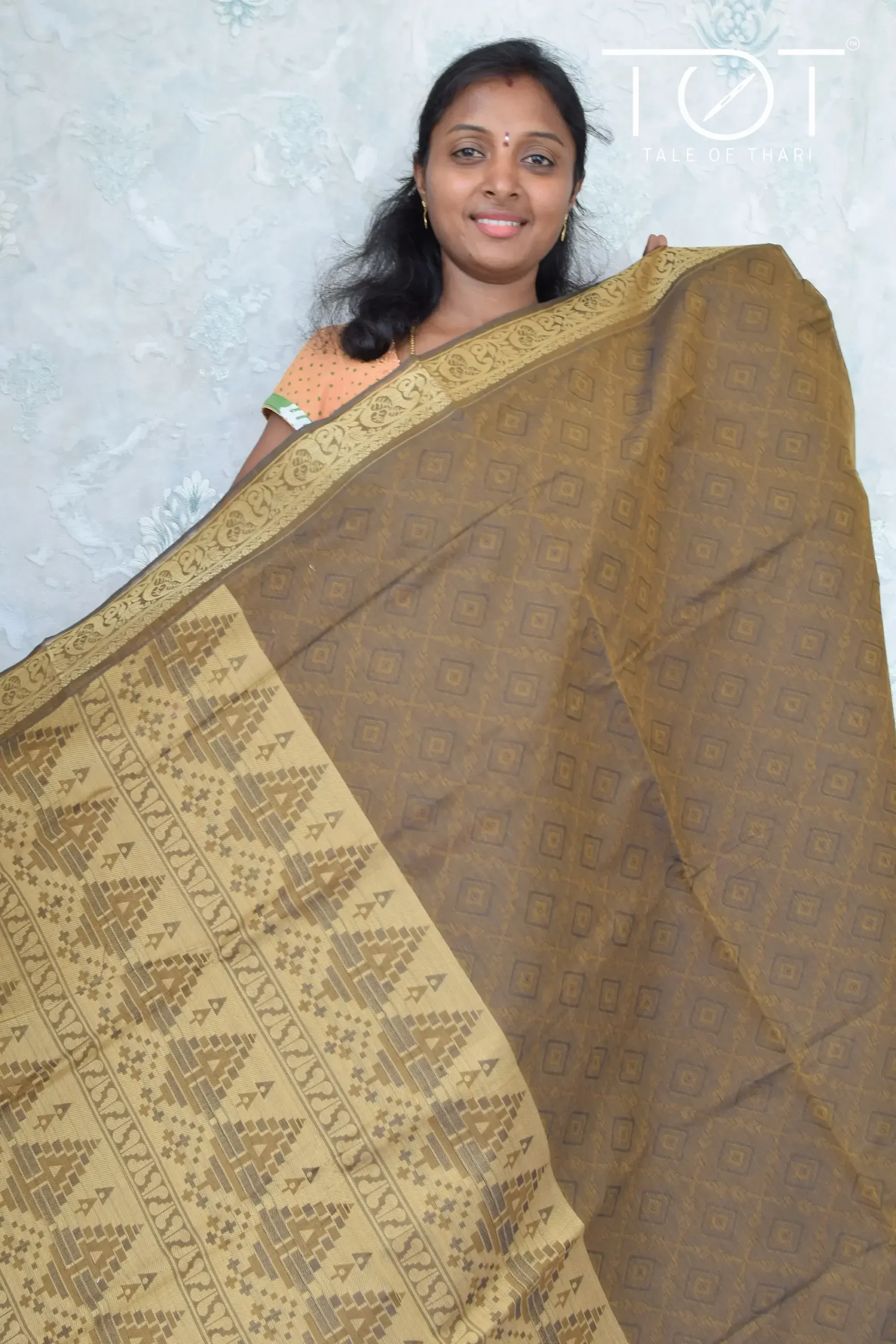 Pure Cotton Plain Embossed Brown Saree With Color Thread Woven Border And Running Blouse